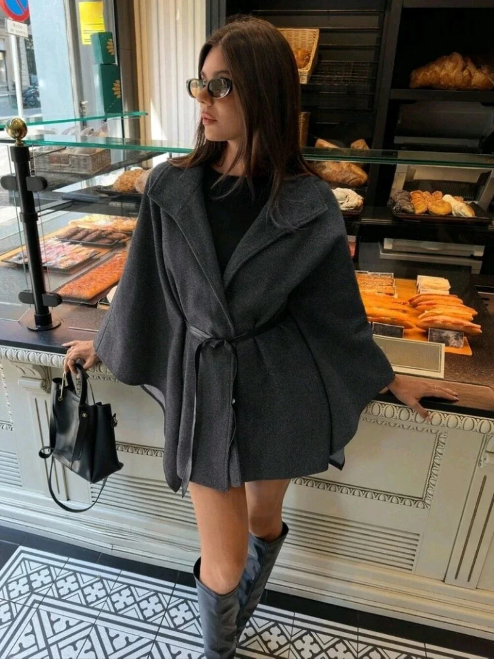Women's Elegant High Collar Batwing Sleeve Cinched Waist Waist Wool Blend